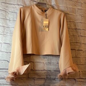 🔵”NWT”Zara Women's LIGHT PEACH Color Blouse with Ruffle Sleeves